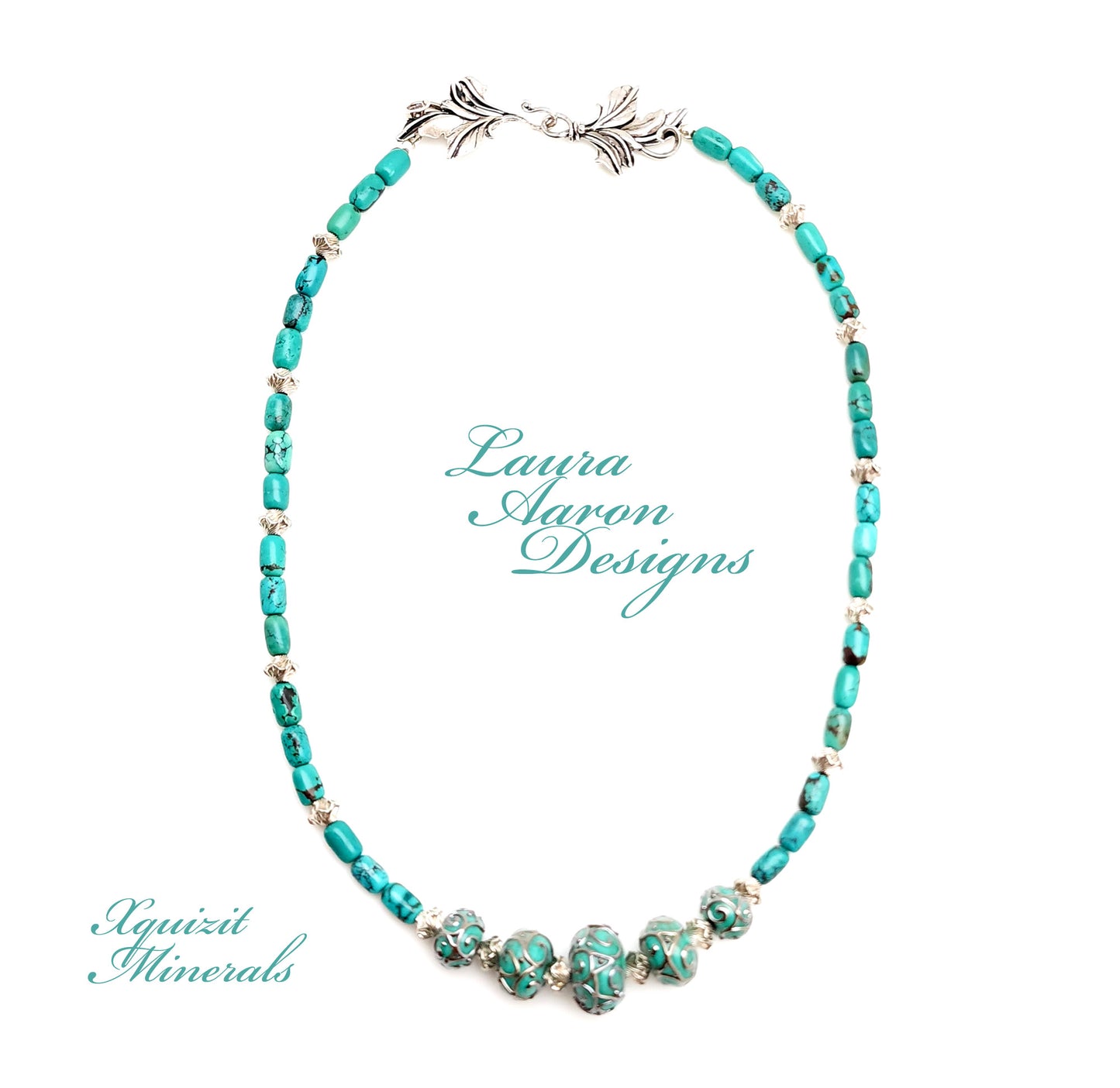 Kingman Turquoise, Art Glass and Sterling Silver Necklace