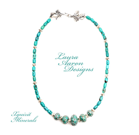 Kingman Turquoise, Art Glass and Sterling Silver Necklace