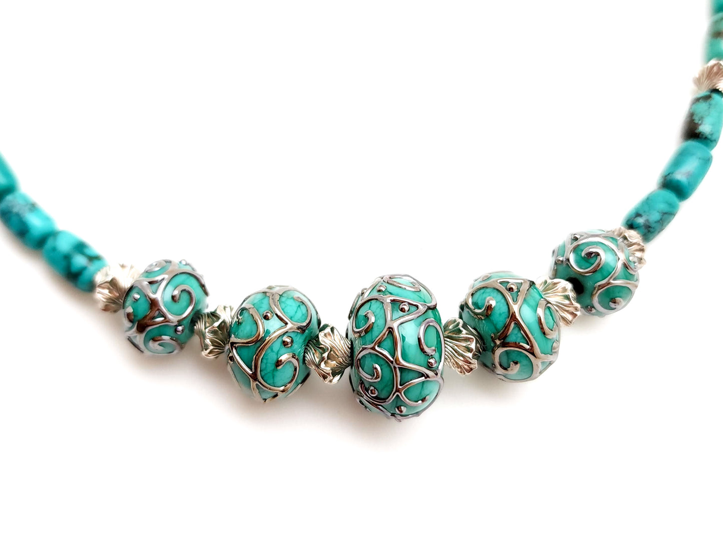 Kingman Turquoise, Art Glass and Sterling Silver Necklace