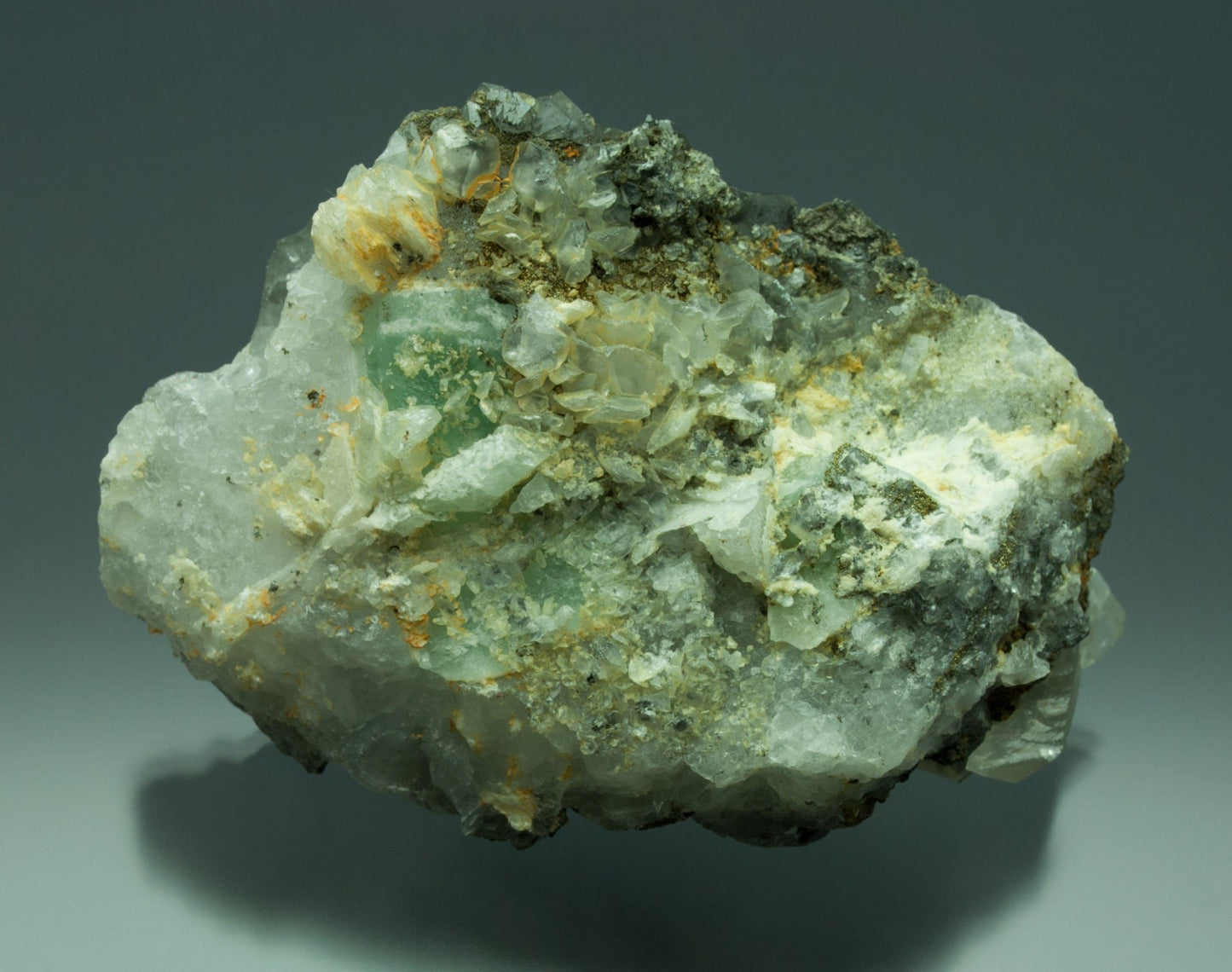 Pyrite on Fluorite with Calcite, El Hammam Mine (El Hamman Mine), Meknos, Morocco (24)